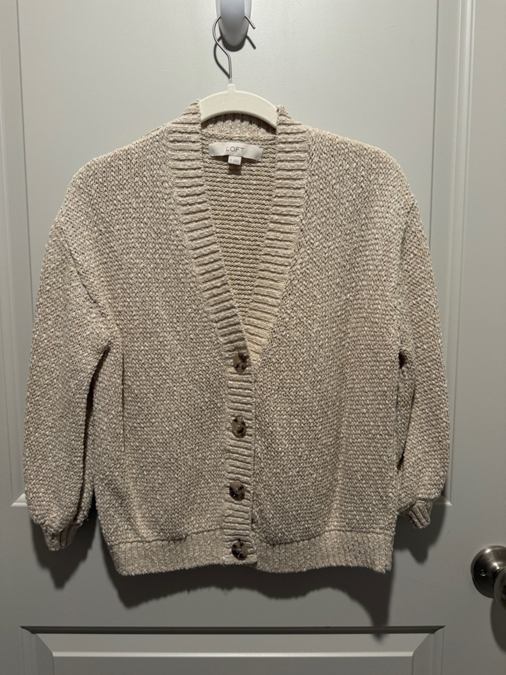 LOFT Neutral Beige Knit Button-Down Cardigan